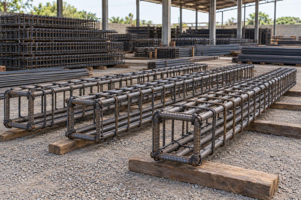 Estruturas de ferragem armada organizadas em um galpão de materiais para construção